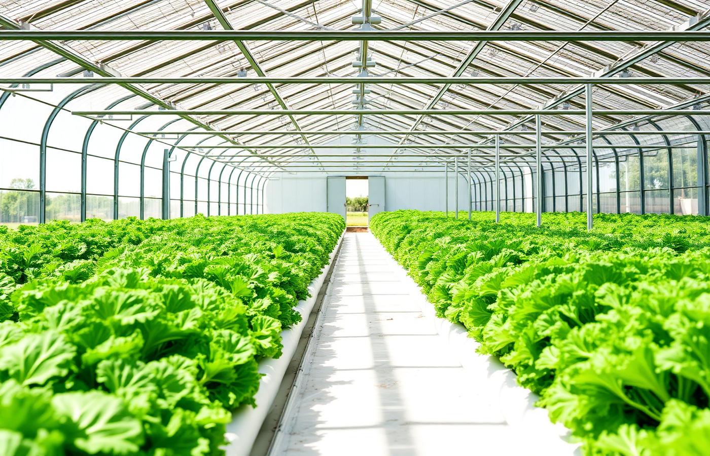 Amor EcoFarm greenhouse with rows of leafy greens